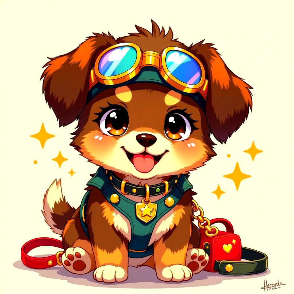 Funny Puppy with Accessories in Anime Style