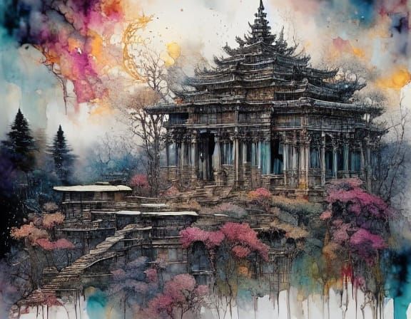 Ornate Temple in Mountain Landscape Ink Wash Painting
