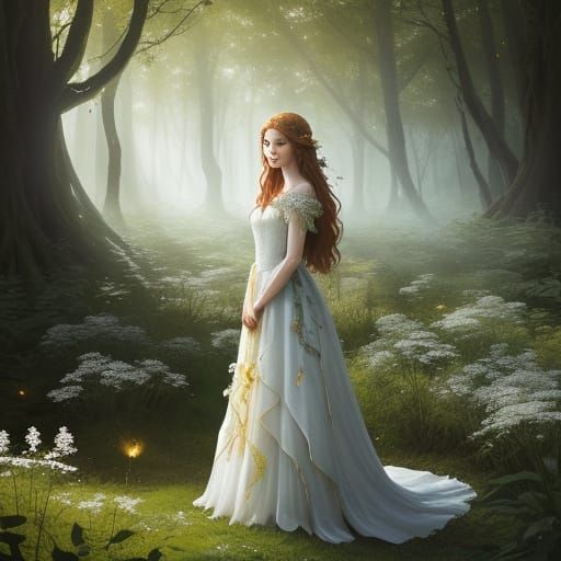 Ethereal Fantasy Woman in Sunlit Enchanted Forest