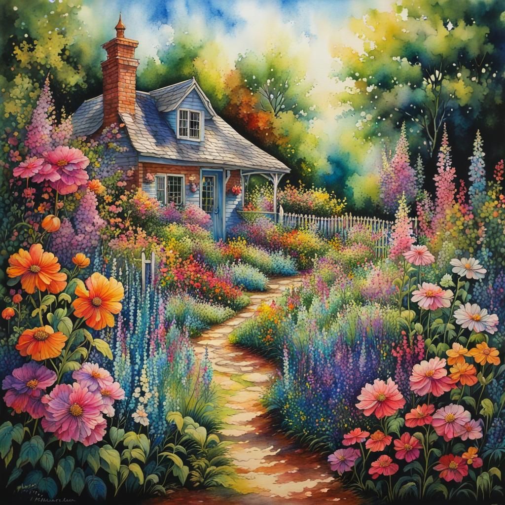 Blooming Cottage Garden in Watercolor Style