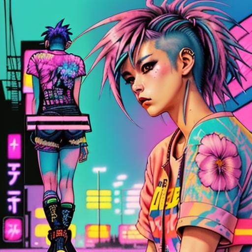 Japanese Punk in Vaporwave Watercolor Style