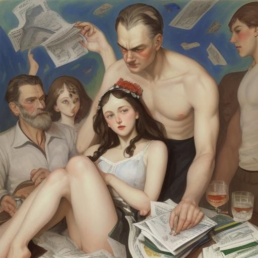 People in a Bank, Surreal Expressionist Painting