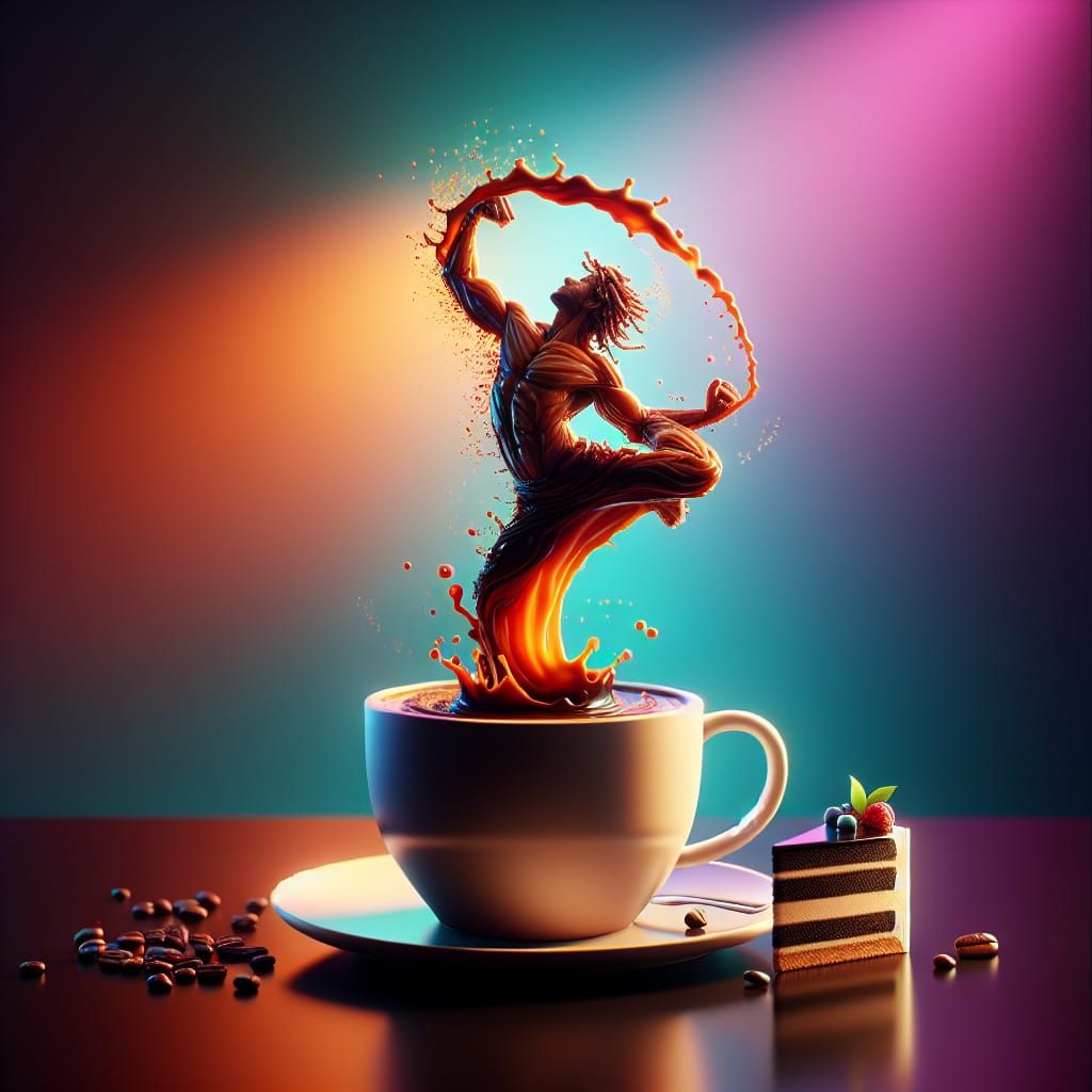 Coffee Dancer Leaping from Cup in High-Definition Animation