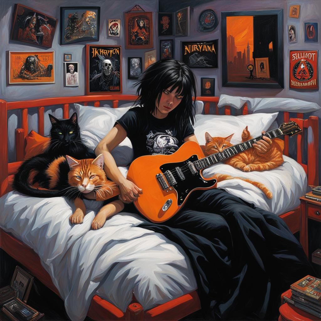 Goth Girl Asleep with Cat and Guitar