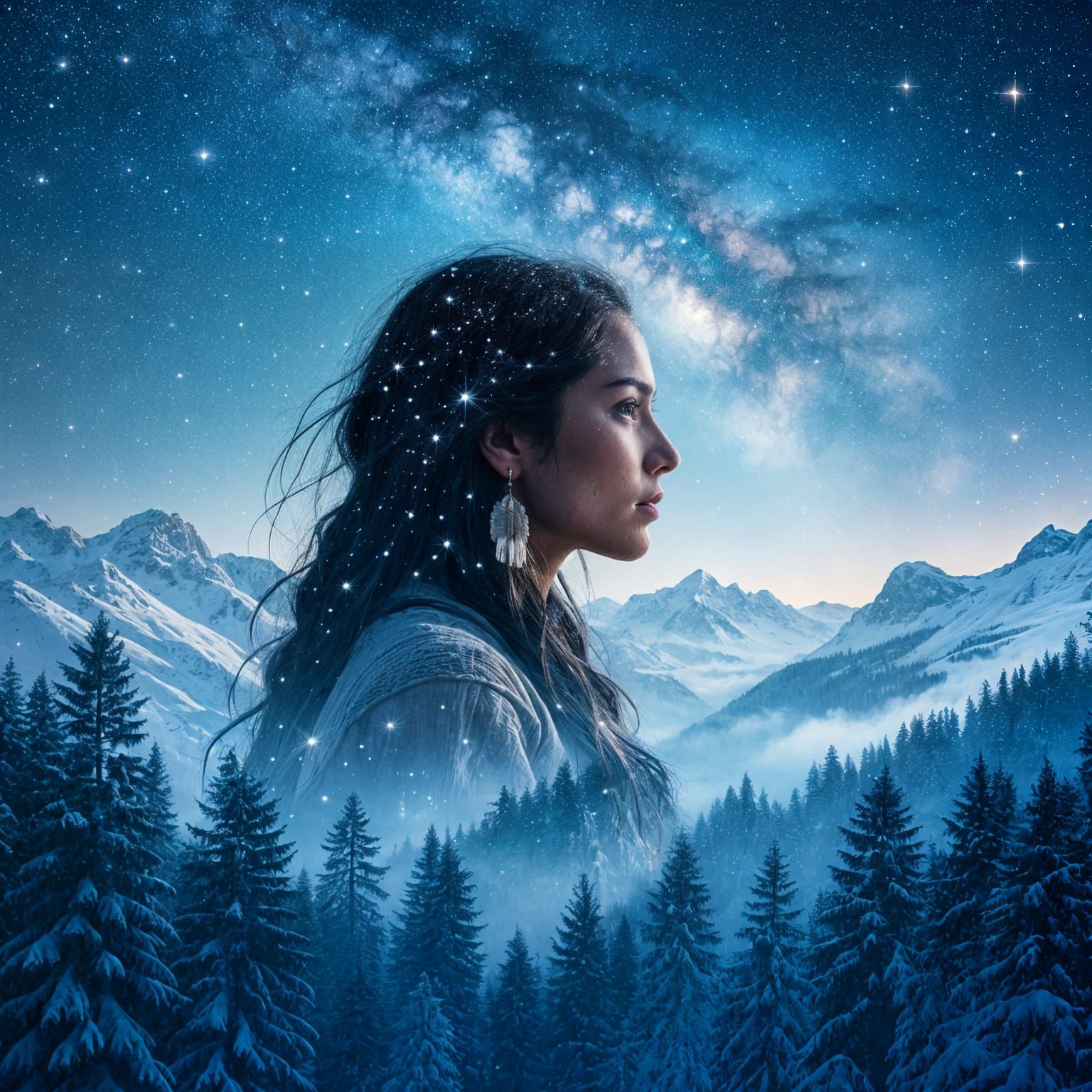 Native Woman Silhouette Over Starry Mountain Forest