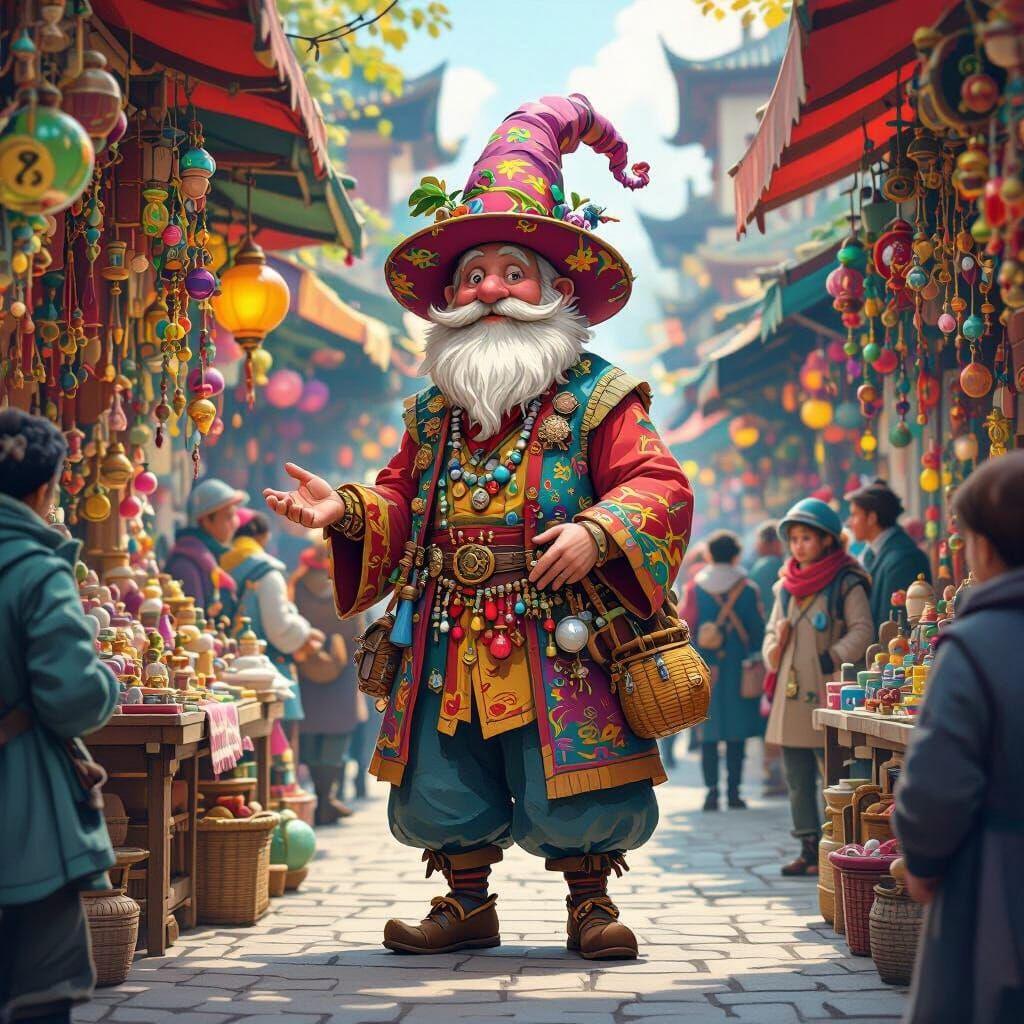 Whimsical Piffle Merchant in Bustling Marketplace