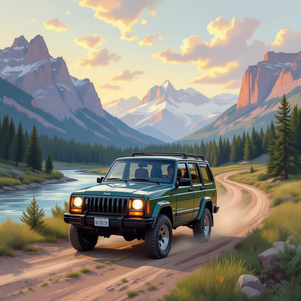 Green Jeep Cherokee XJ in Pastel Rocky Mountains