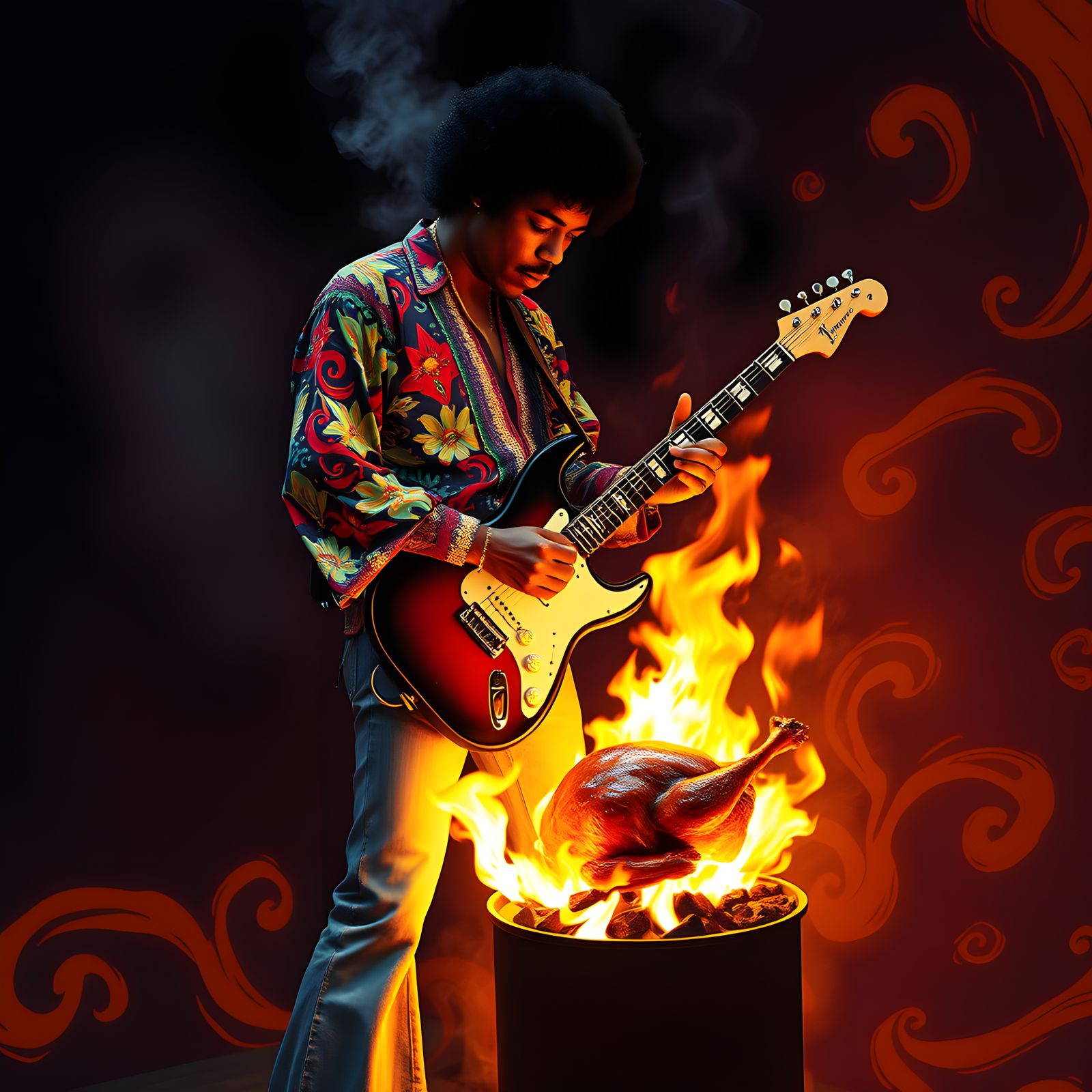 Jimi Hendrix Cooks Turkey on Burning Guitar