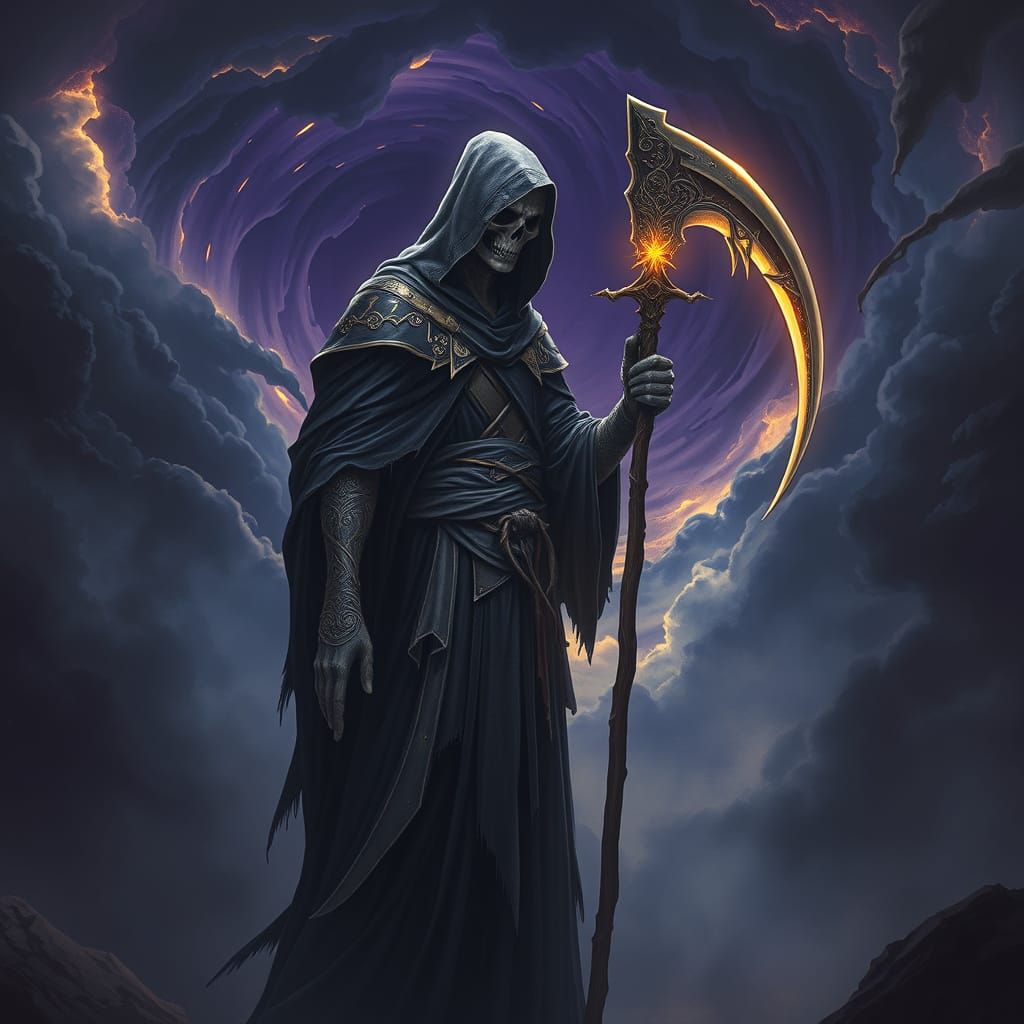 Grim Reaper in Dark Fantasy Realm with Mystical Aura