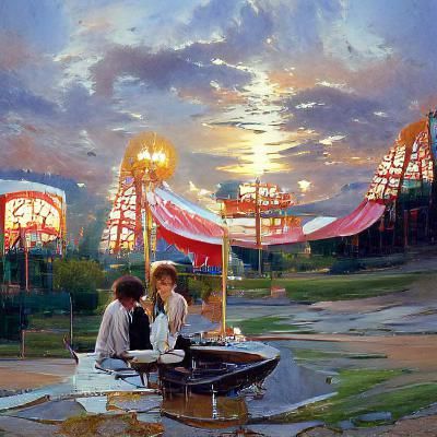 Romantic Amusement Park Date in Oil Painting Style