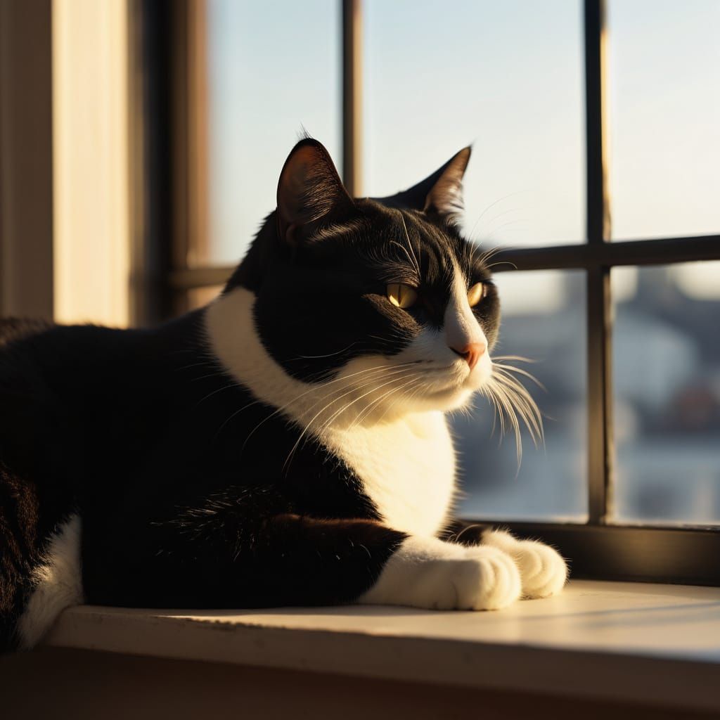 Tuxedo Cat Sleeping in Sunlight: Photorealistic Close-Up