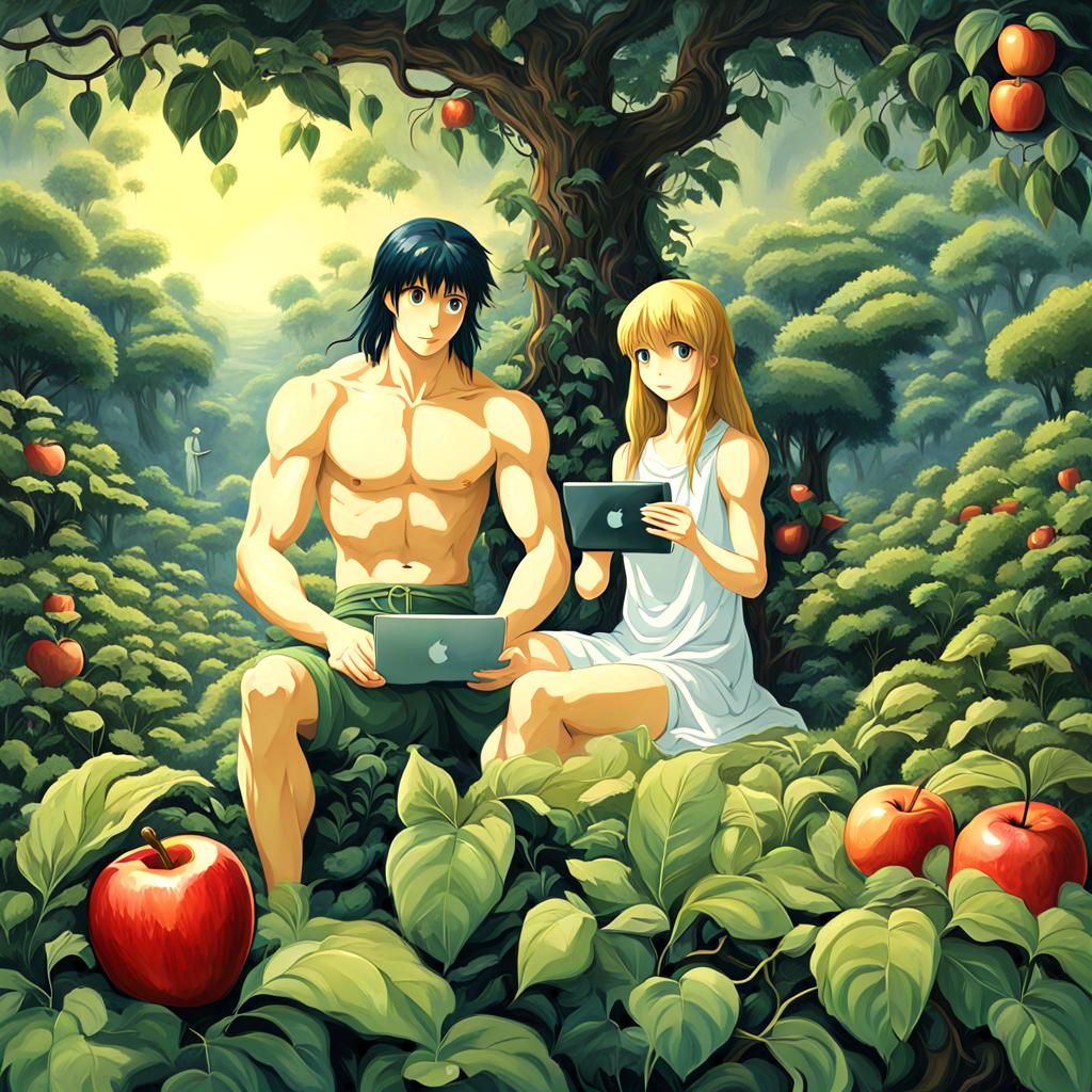 Adam and Eve Discover Apple Computer in Anime Style
