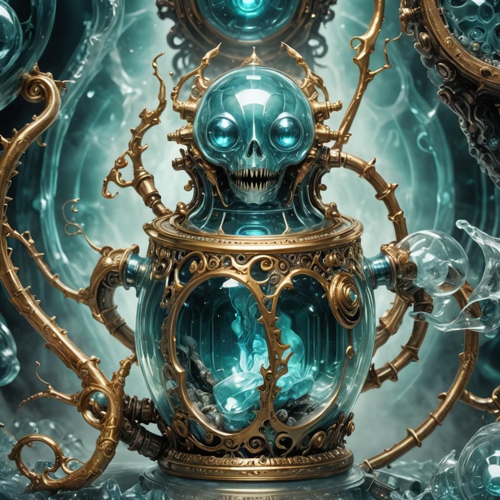 Surreal Aquamarine Digimon in a Flask with Intricate Bone In...