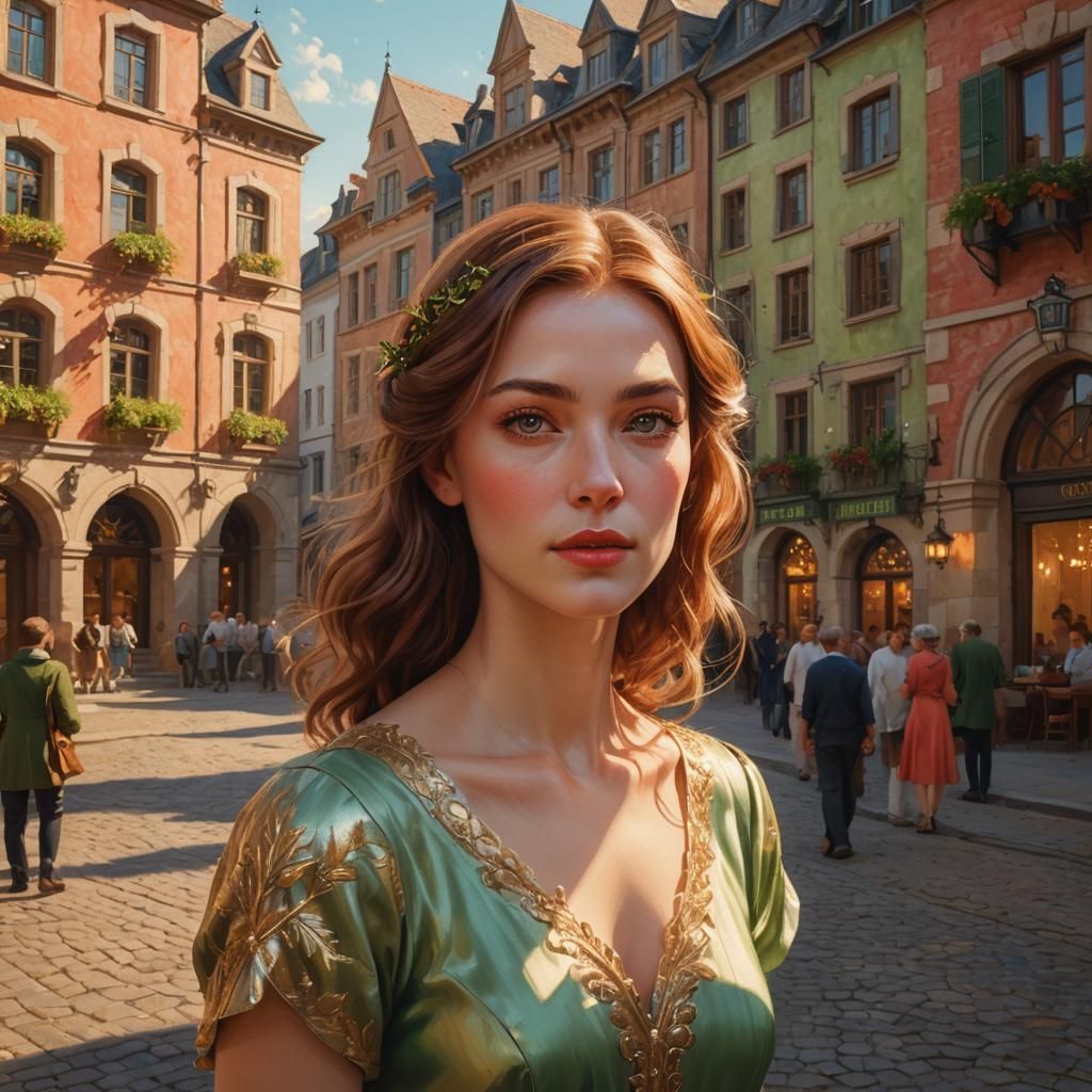 European Town Square: Vivid Oil Painting of Refined Woman