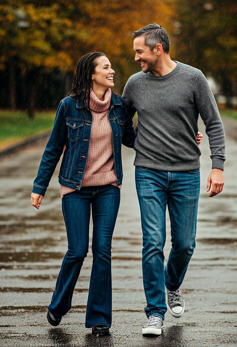 Couple Giggles in Autumn Downpour