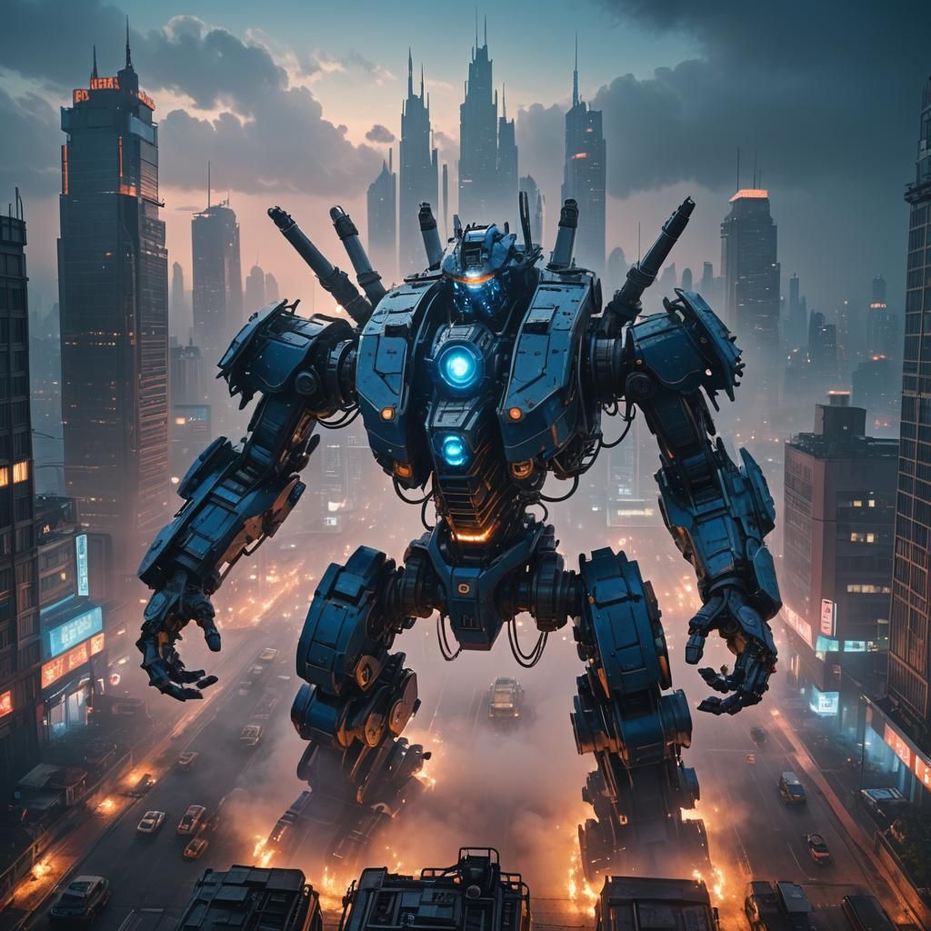 Mech Rising from Dystopian Cityscape in 8K