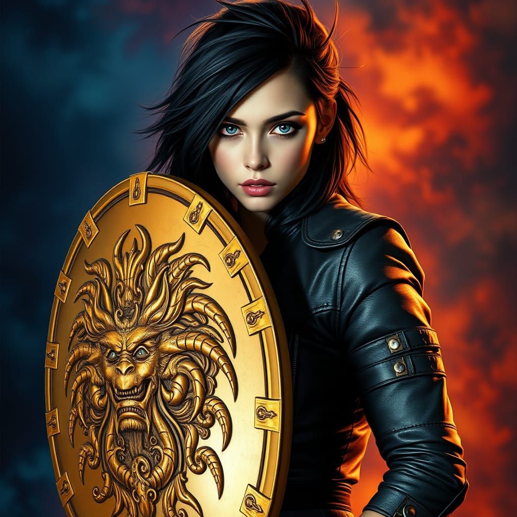 Cyberpunk Goddess with Golden Shield