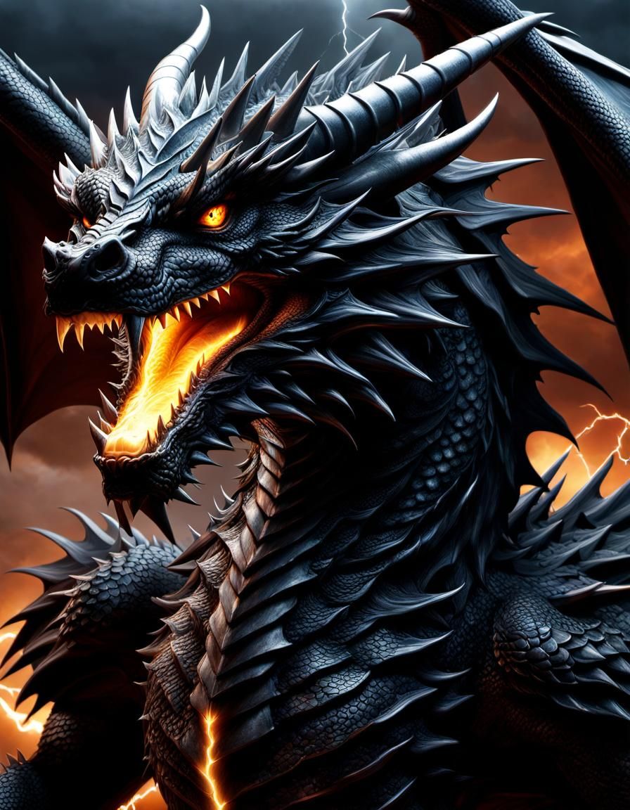 Hyperrealistic Black Dragon in Lightning Storm