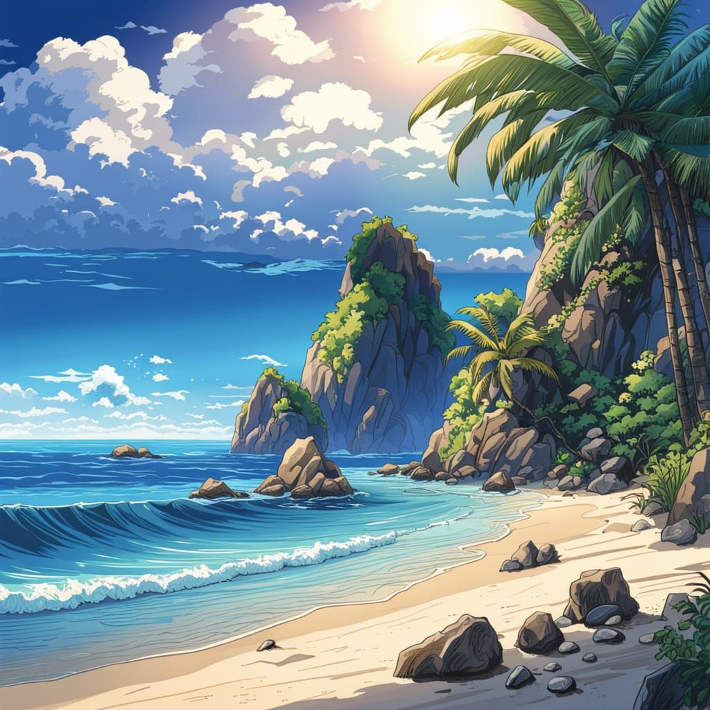 Tropical Beach Scene in Anime Manga Style