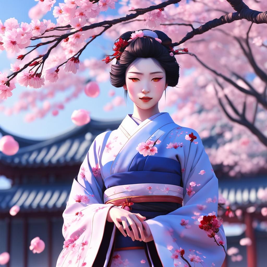 Young Geisha in Cherry Blossom Garden: 3D Anime Art