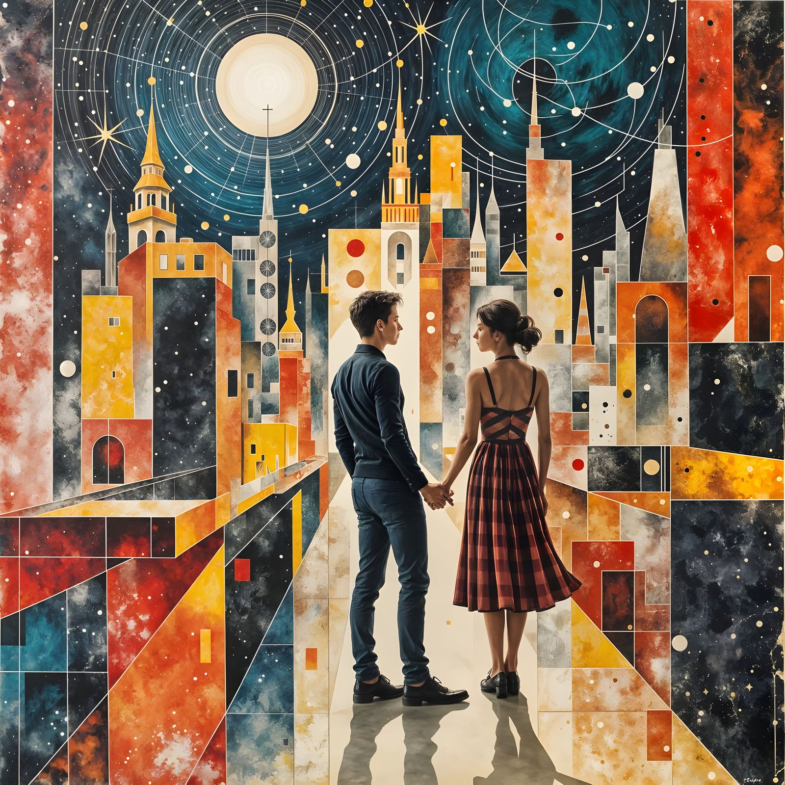 Couple Discovers Vibrant Abstract Cityscape