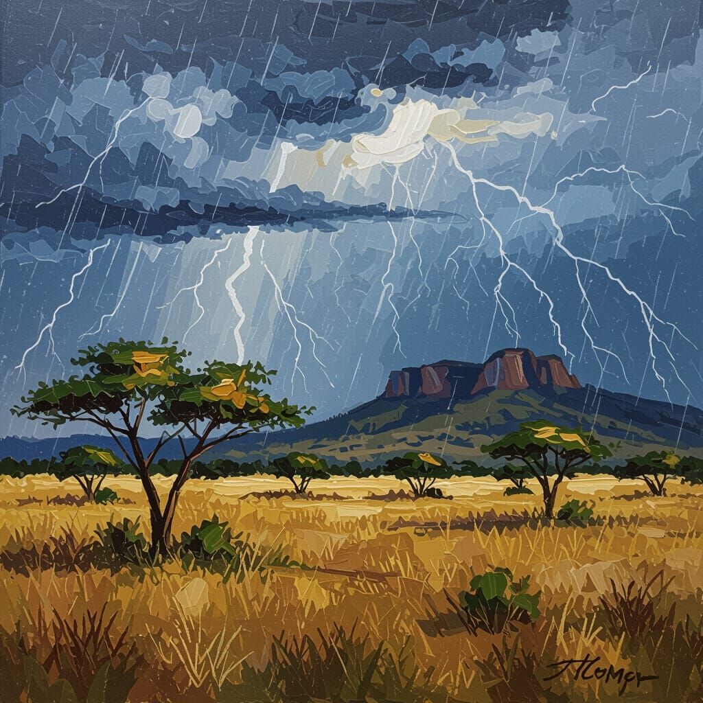 Dramatic Bushveld Thunderstorm in Acrylic Impasto