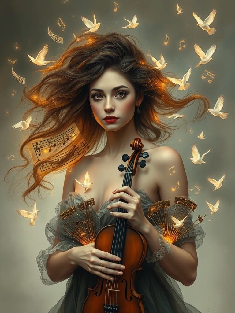 Woman with Musical Hair and Glowing Birds