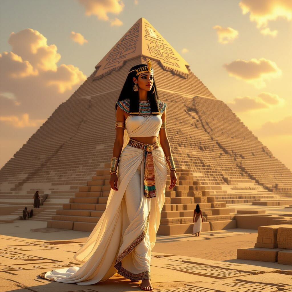 Egyptian Goddess Ascends Pyramid, Golden Light