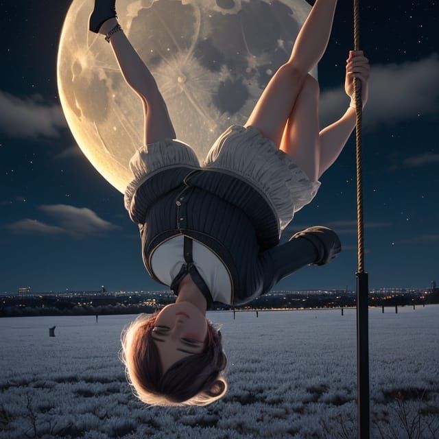 Woman on Moon Swing in Starry Night