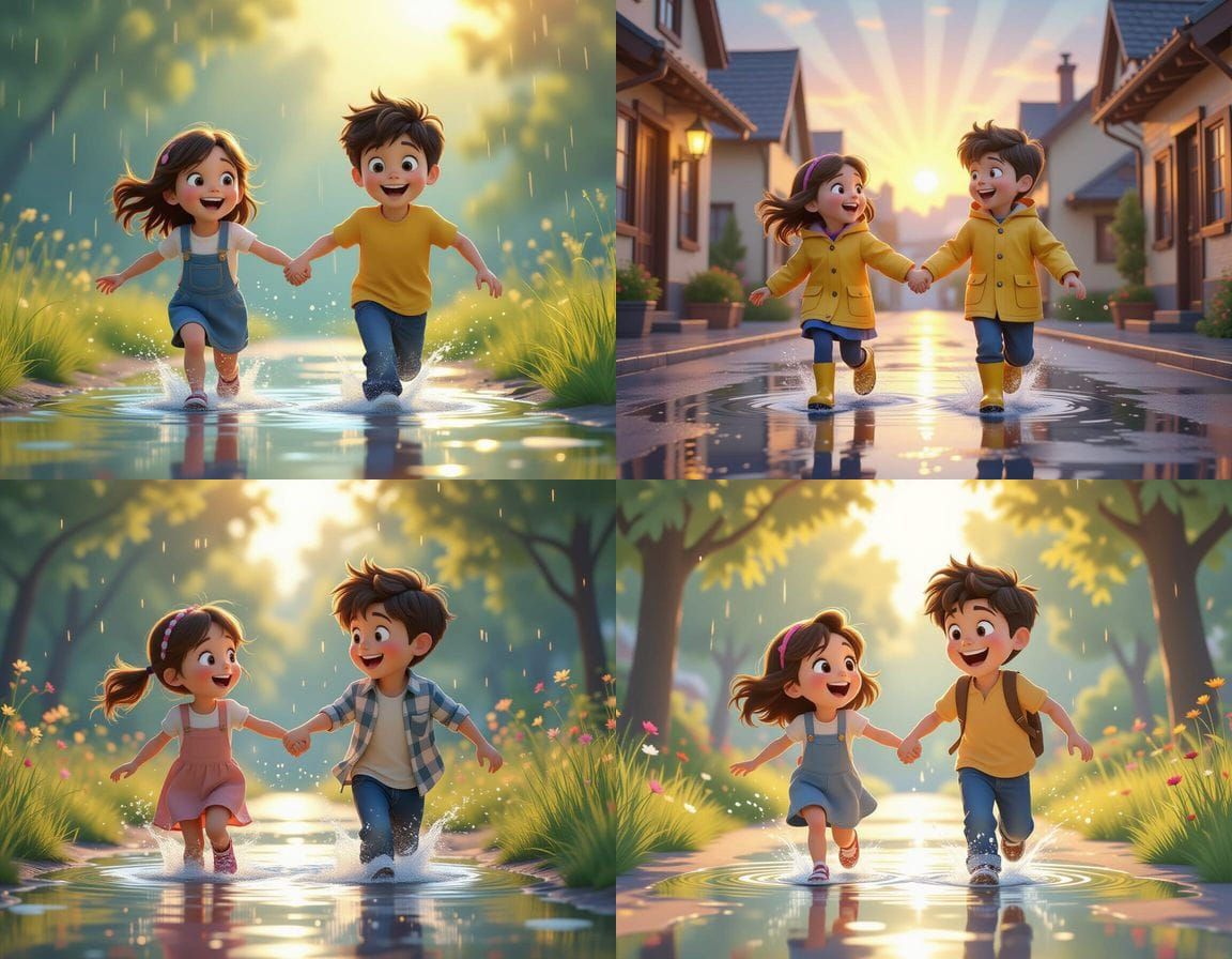 Joyful Children Running Through Puddles in 3D Digital Art St...