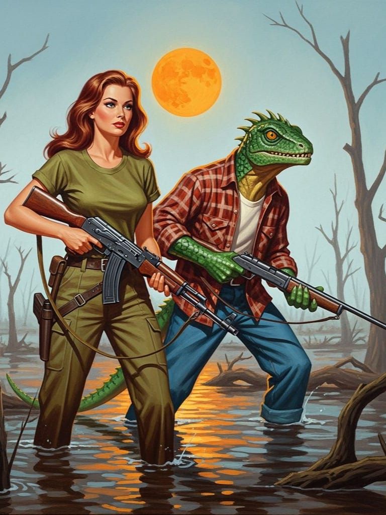 Retro Sci-Fi: Woman and Lizard-Man in Dying Swamp
