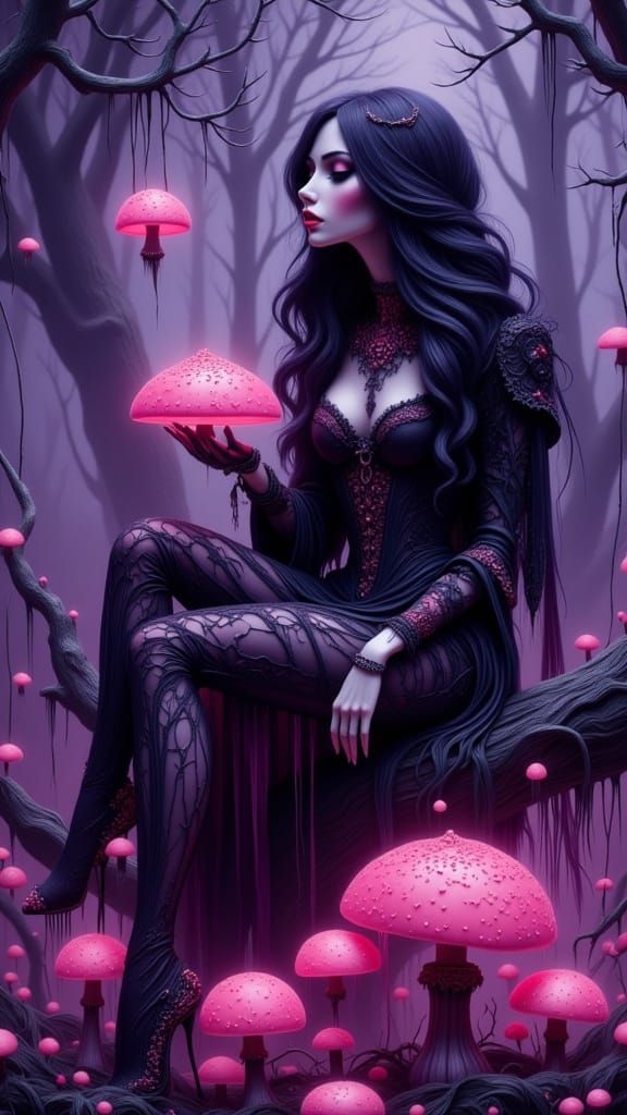 Gothic Punk Woman on Glowing Mushroom with Grim Reaper