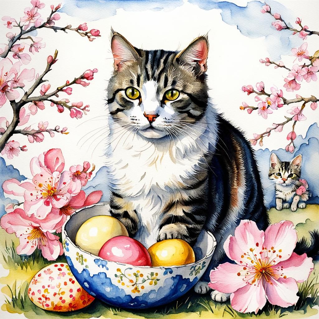 Cat Playing in Easter Egg, Aquarelle Style