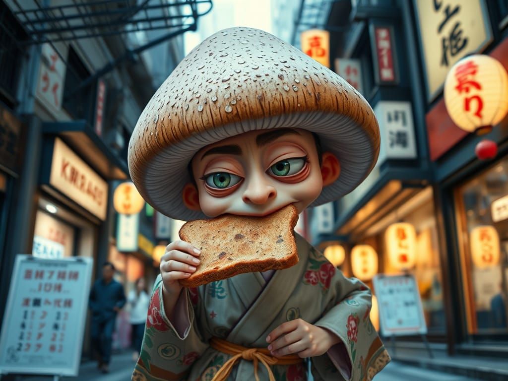 Mushroom Character Running in Kyoto, Bishoujo Anime Style