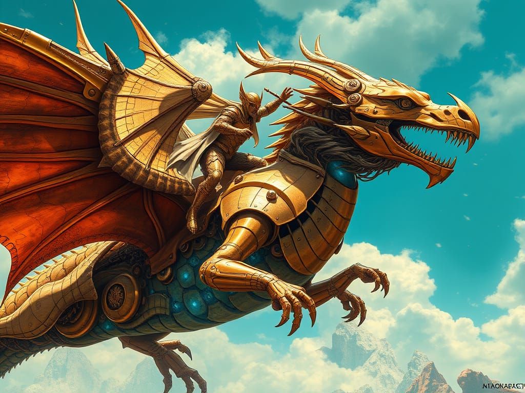 Golden Warrior Soars on Mechanical Dragon in Vibrant Turquoi...