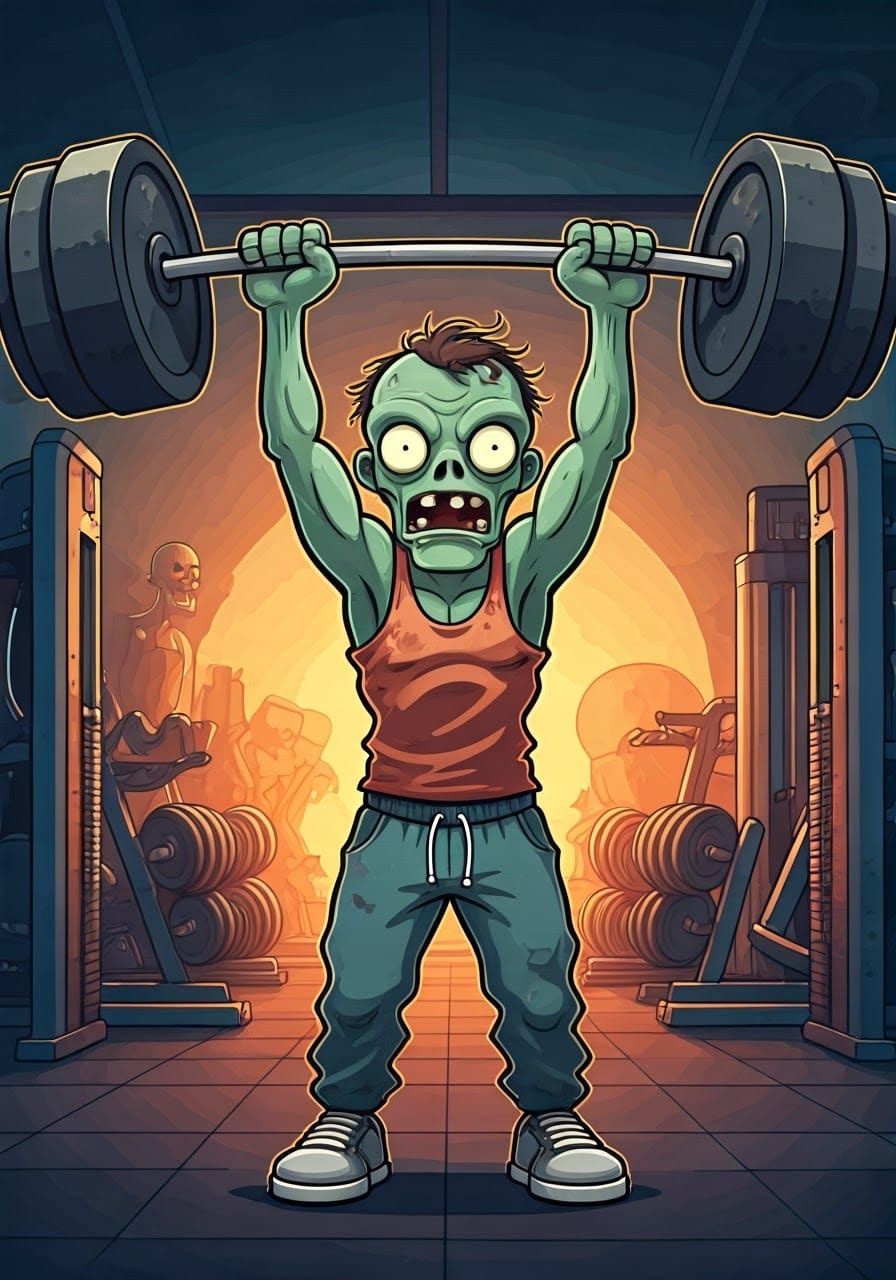Cartoon Zombie Lifts Weights in Goofy Gym