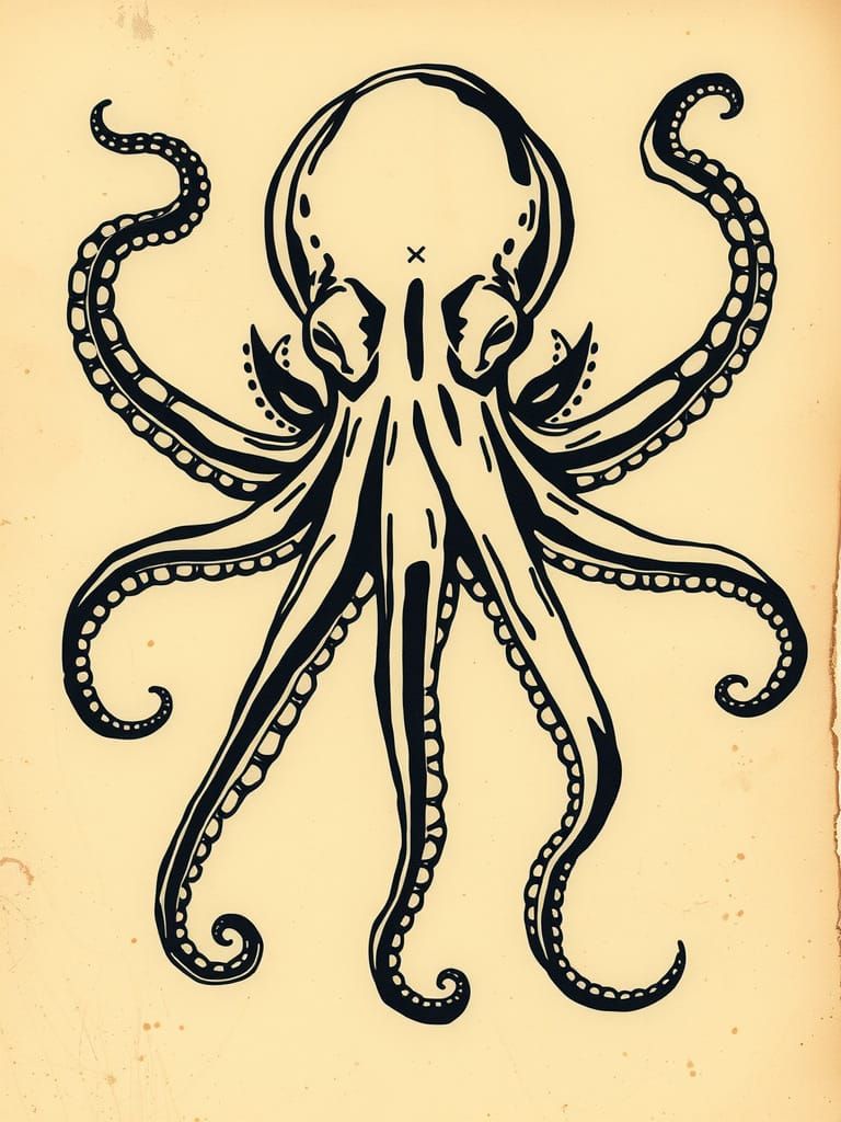 Octopus Illustration with Linear Shading on Stained Paper