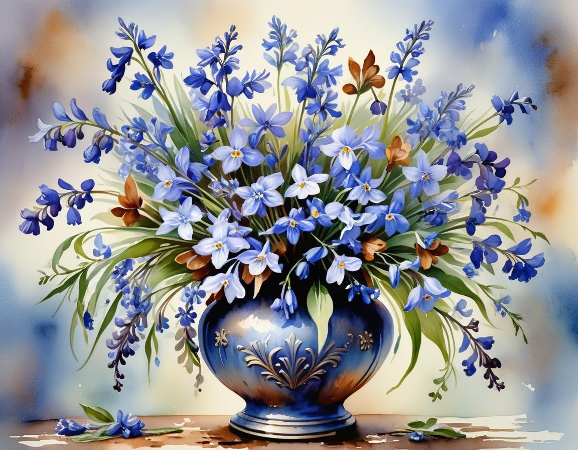 Vintage Blue Floral Bouquet in Ornate Vase, Delicate Waterco...