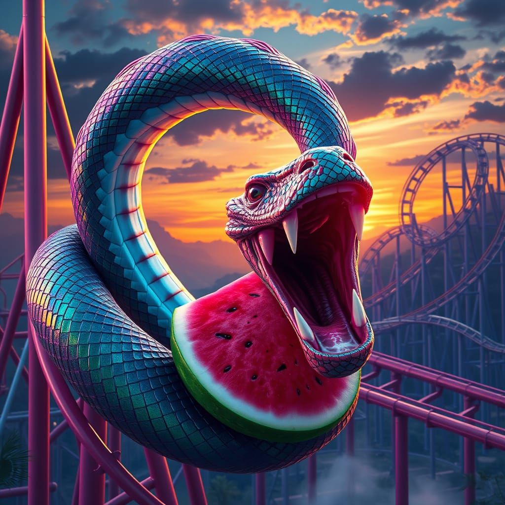 Surreal Serpent Devours Watermelon on Rollercoaster Tracks i...