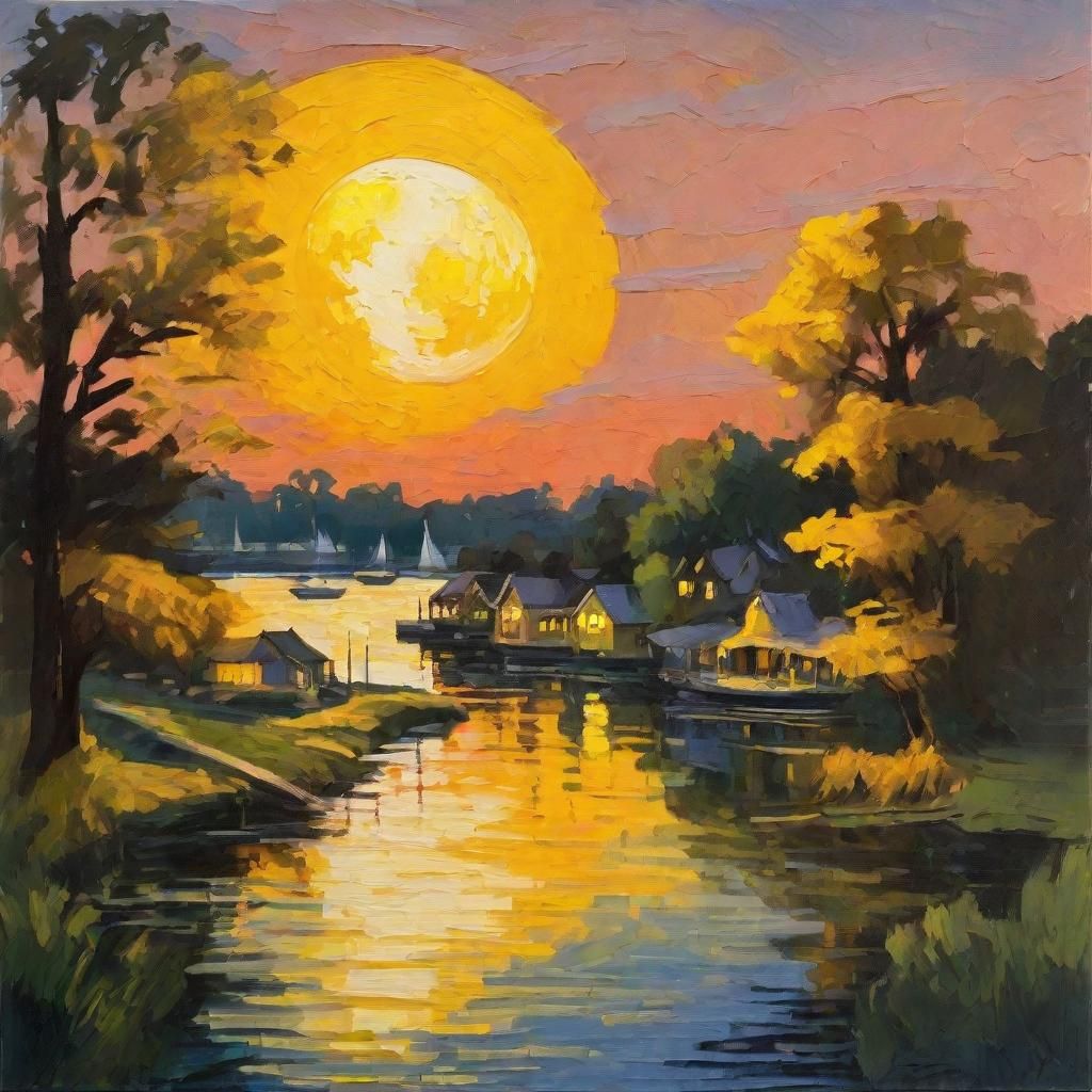 Moonlit Water Village: An Impressionist Gouache Painting