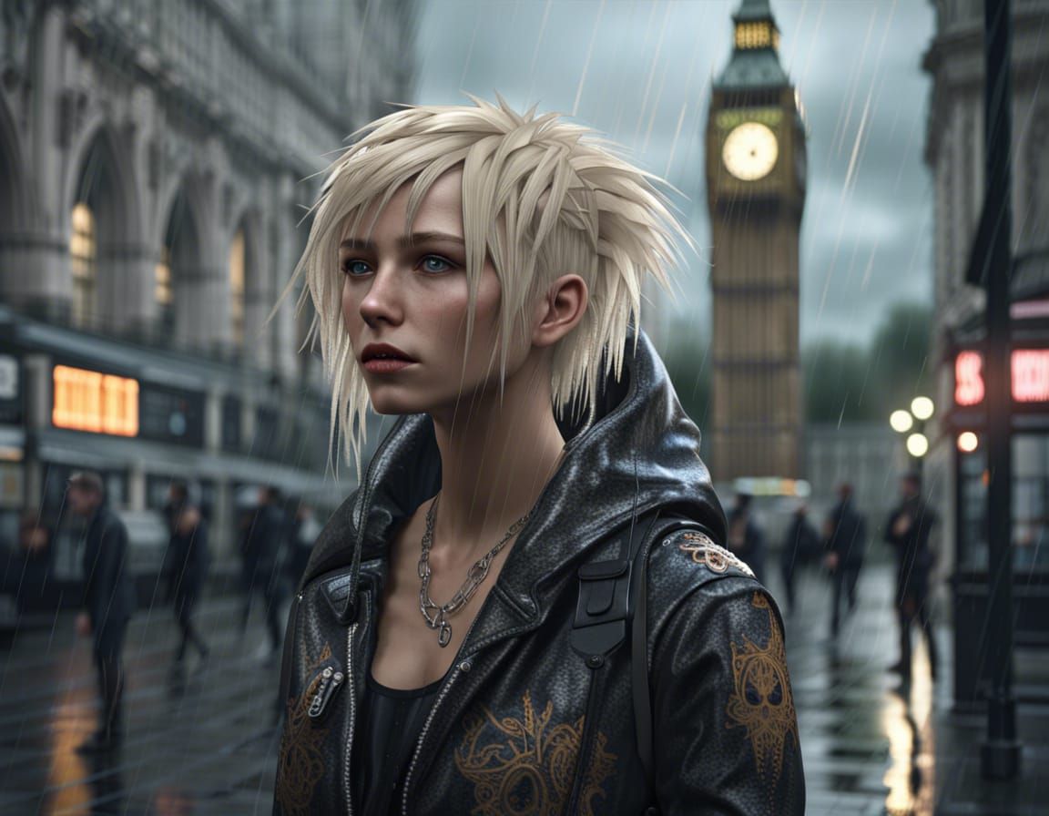 British Punk Girl Walking in Dystopian London