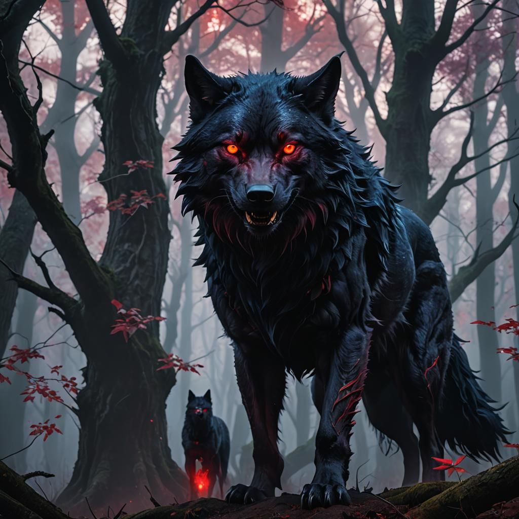 Demon Wolf with Red Aura in Gothic Forest