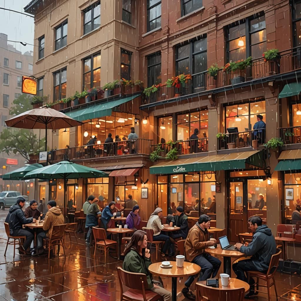 Cozy Coffee Shop in Rainy City: Digital Painting