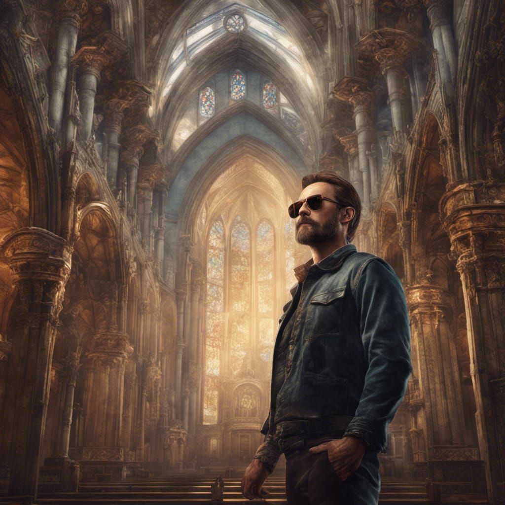 Man in Aviators in Church, Detailed Digital Painting