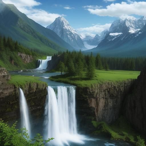 Waterfall and mountains⥻