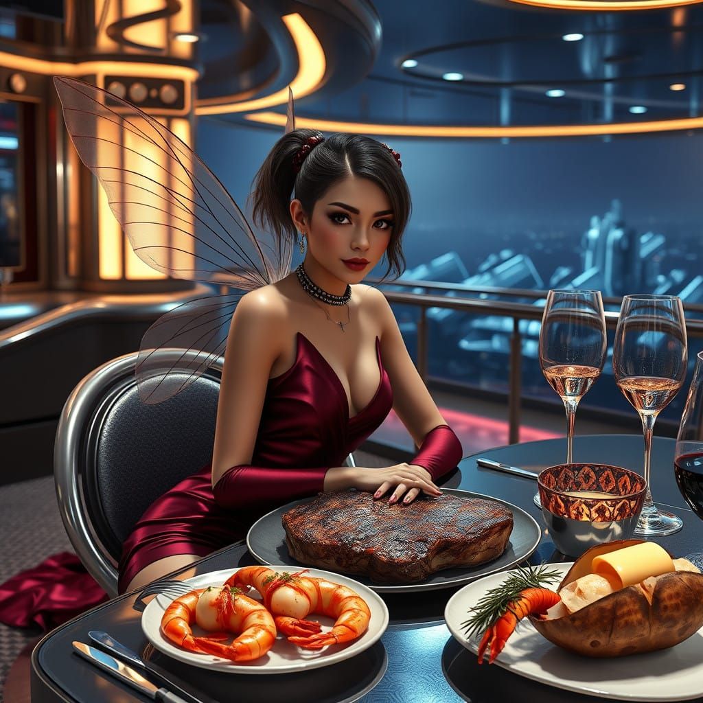 Cyberpunk Pixie Embarks on Luxurious Intergalactic Cruise