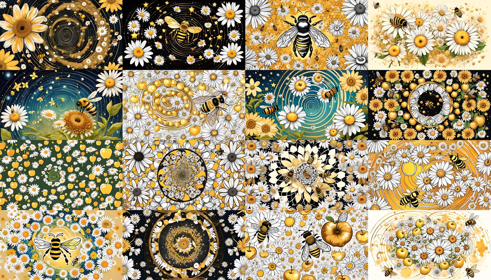 Apple, Daisies, and Bee in Golden Spiral