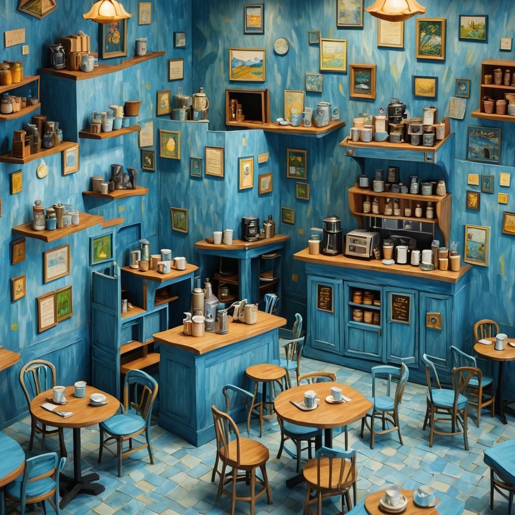 Blue Coffee Shop in Van Gogh Style, 3D Render