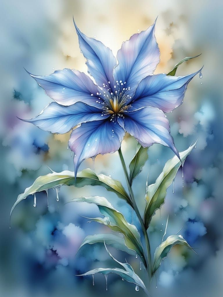 Impressionistic Aquilegia in Frost and Sunlight