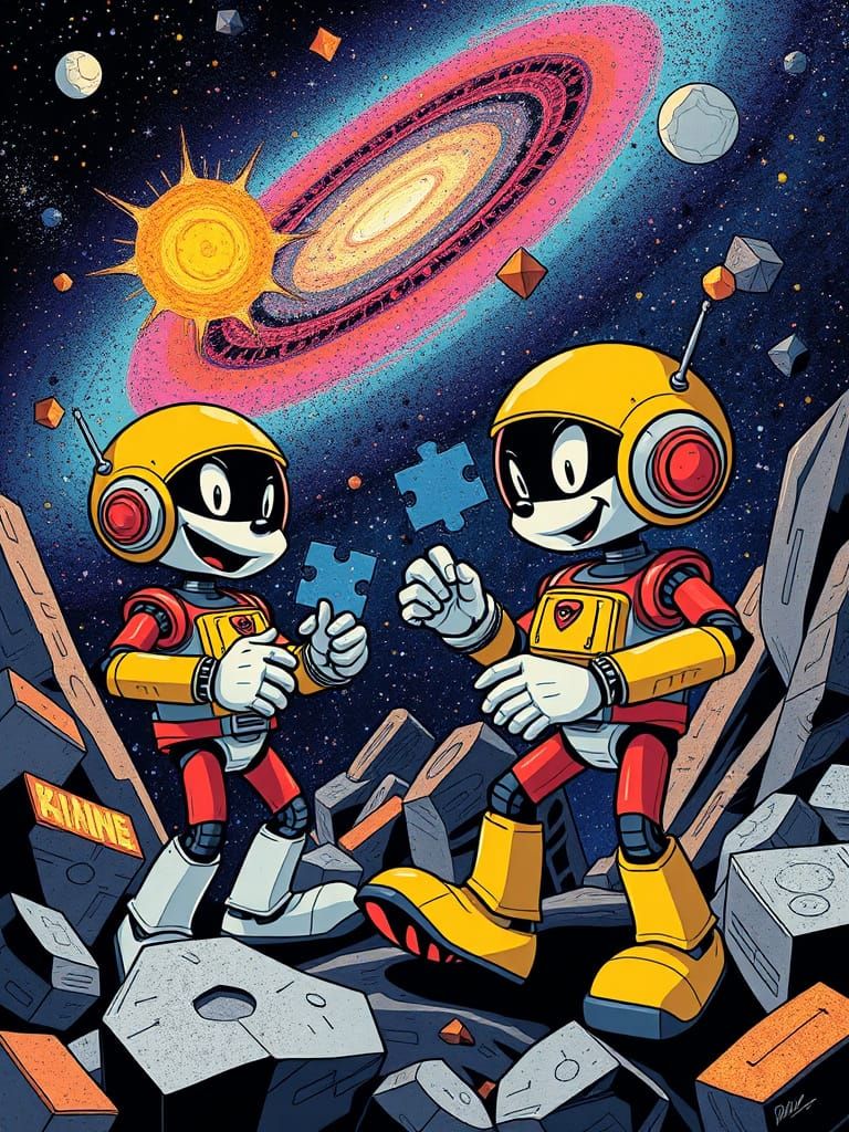 Cartoon Space Robots Solve Puzzles in Cubist Style